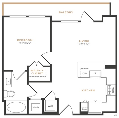 A black and white floor plan of an apartment with a bedroom, living room, kitchen, and walk-in closet.